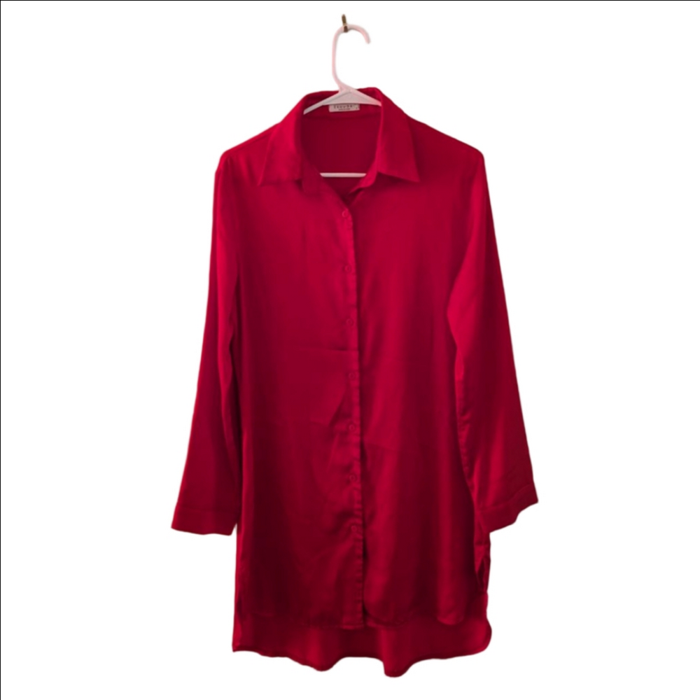 Women's Ekouaer Red Satin Boyfriend Sleepshirt Size S